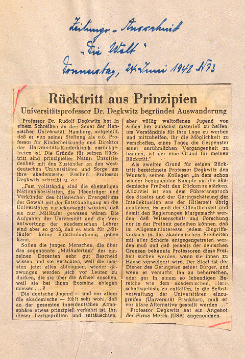 Professor Degkwitz begründet seine Auswanderung. Zeitungsausschnitt vom 24. Juni 1948.