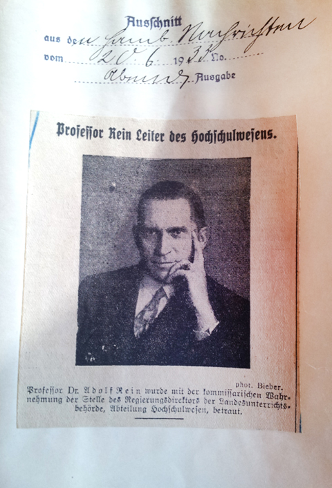 Newspaper clipping on the appointment of Adolf Rein