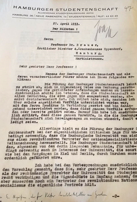 Brief der Hamburger Studentenschaft fordert nationalsozialistisches Bekenntnis, 1933