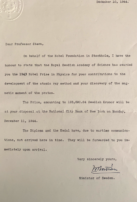 Letter from the Nobel Prize Committee to Otto Stern, which announced his honoring, 1944