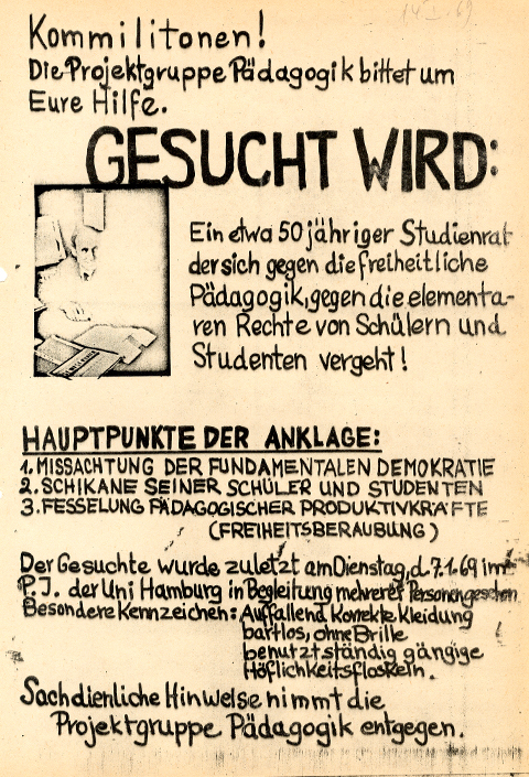 Flugblatt gegen einen Studienrat von der Projektgruppe Pädagogik, 1969.