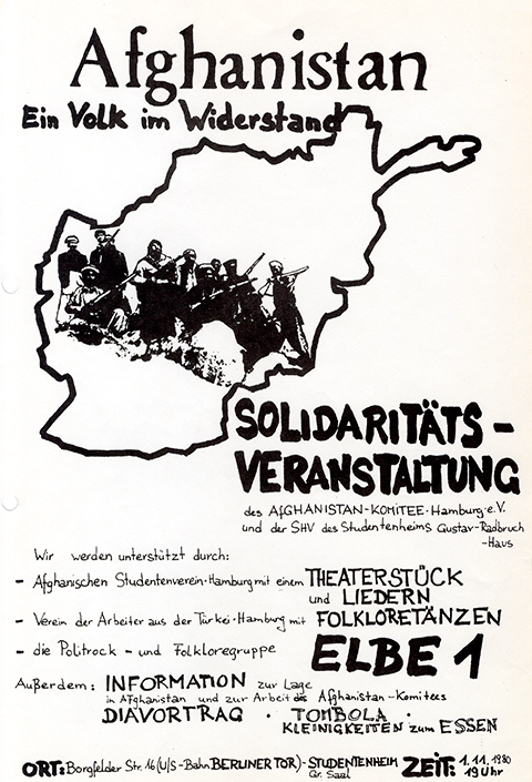 Flugblatt für eine Veranstaltung zur Unterstützung der Widerstandsbewegung in Afghanistan, 1980.