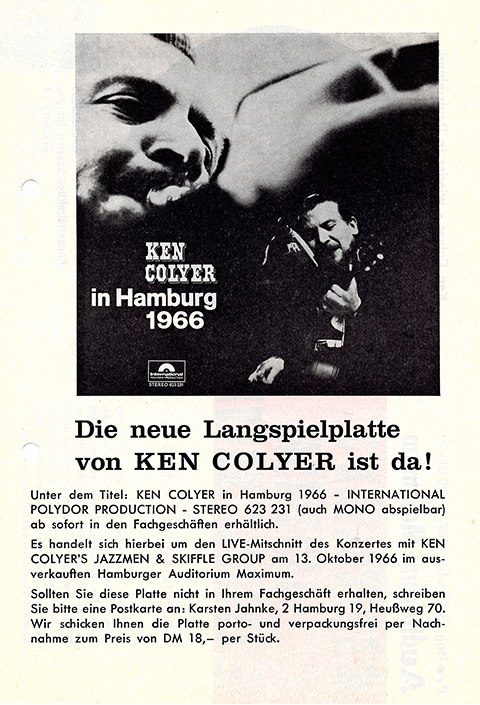 Werbung für Schallplatte des Konzerts von Ken Colyer, 1966.