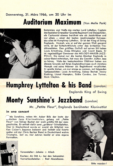 Flugblätter für Konzerte von Humphrey Lyttelton und Monty Sunshine mit Bands