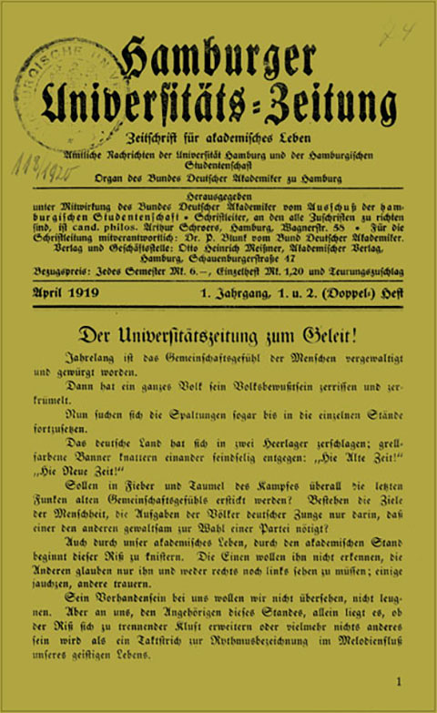 Titelblatt der Hamburger Universitätszeitung, 1919