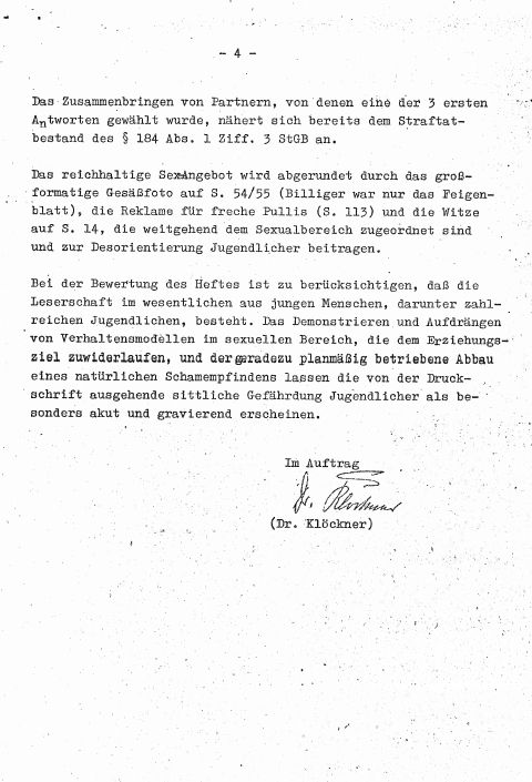 Antrag eines Bundesministers die Zeitschrift twen als jugendgefährdende Schrift aufzunehmen, 1969. Seite 4.