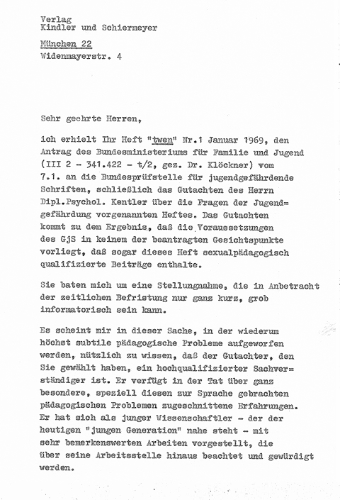 Stellungnahme von Hans Giese, in der er die Jugendgefährdung von twen zürückweist. 
