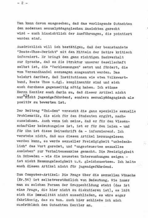 Hans Giese bewertet einen Bericht in der twen über Beate Uhse als sozialpädagogisch positiv. Stellungnahme, 1969. 