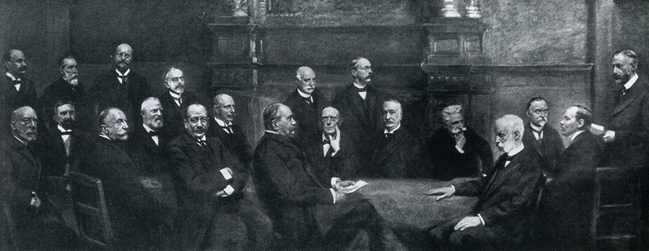 The first meeting of the Board of Trustees of the Hamburg Scientific Foundation, painting by Henry Geertz, 1911 (burned)