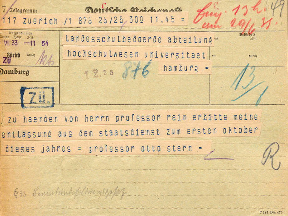 Telegramm von Otto Stern, abgeschickt aus Zürich am 29.6.1933. Bitte um Entlassung