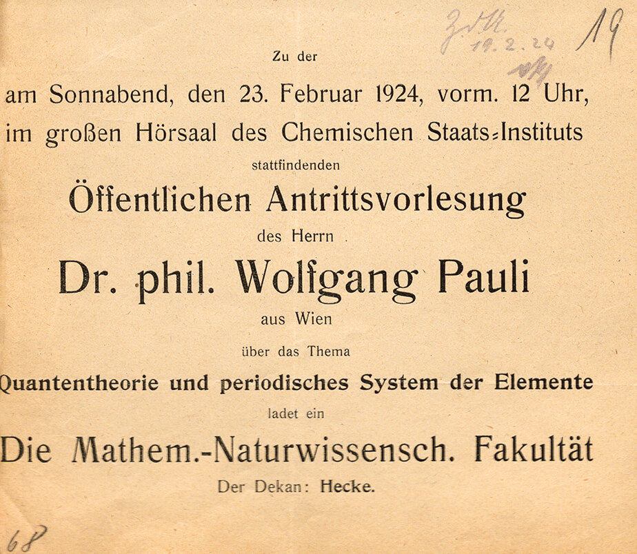 Announcement for Wolfgang Pauli’s inaugural lecture, 23 February 1924