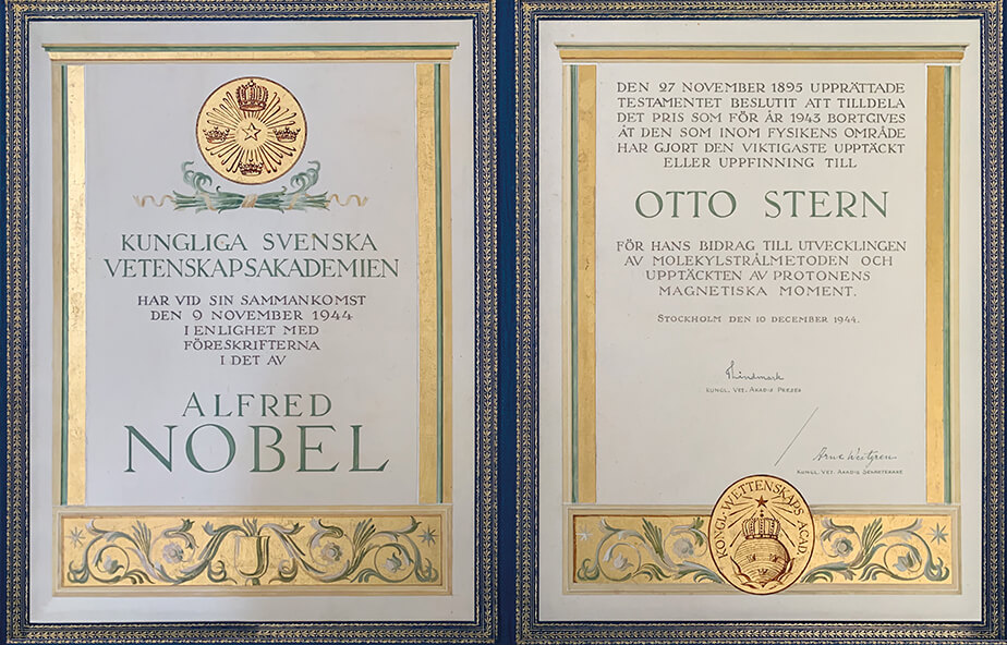 Otto Stern’s Nobel Prize diploma, 1943