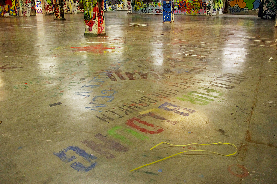 Colorfull remains on the floor of old Protest Banners.