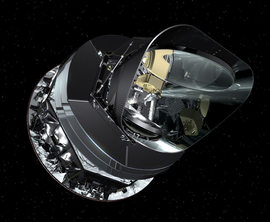 Die farbige Abbildung zeigt das im Weltraum schwebende Planck-Teleskop. Das Teleskop sieht rundlich aus und glänzt teils silbern.