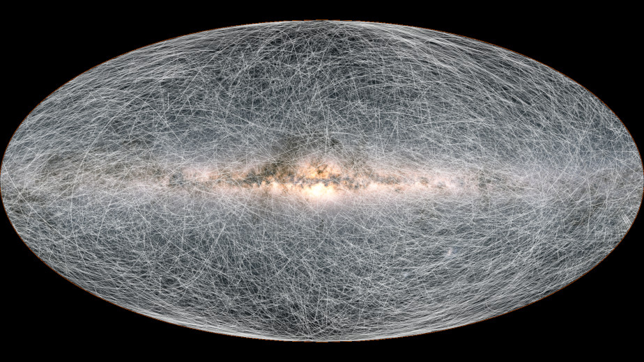 Die farbige Abbildung zeigt ein großes Oval vor einem schwarzem Hintergrund. In der Mitte ist ein Leuchten sowie dunkle Wolken zu erkennen (eine Galaxie, die Milchstraße). Das gesamt Oval ist gefüllt mit sehr sehr vielen dünnen, teils gekrümmten Linien.