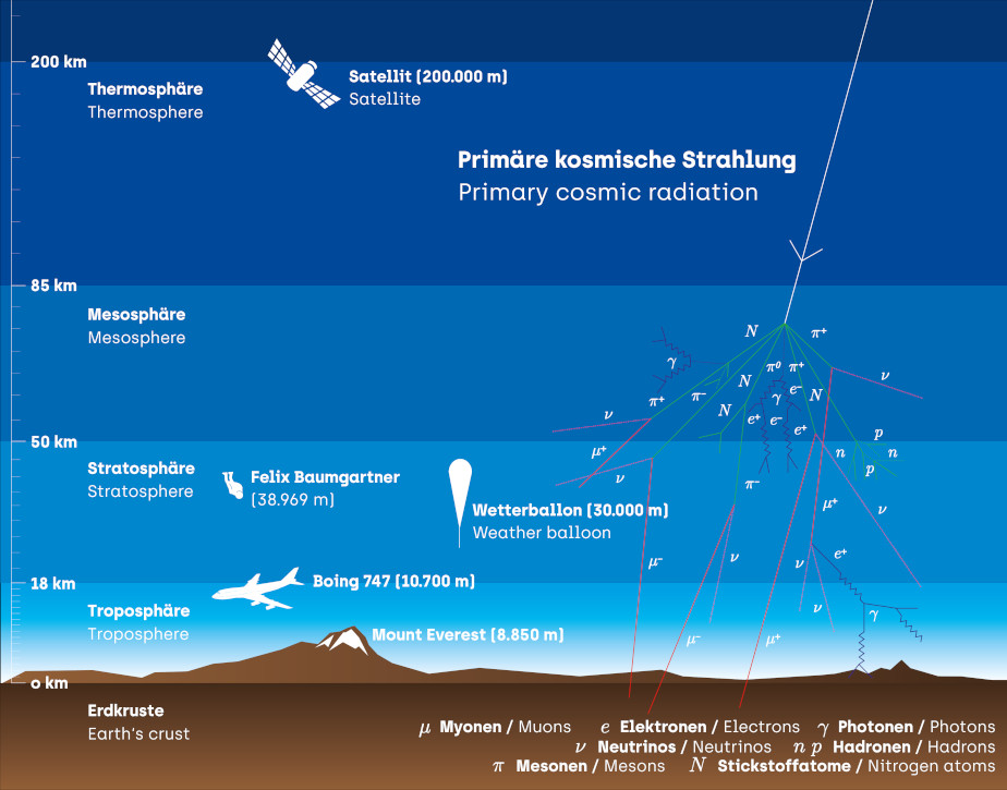 The colored illustration shows the earth's surface in brown below and the layers of air in our atmosphere from light to dark blue above. On the left, you can see the layers of the atmosphere labeled as well as an altitude scale in kilometers. From the top right, a white arrow points slightly sloped downward (primary cosmic rays). At the level of the mesosphere, this arrow begins to branch out like lightning. These branches are green, red and wavy black lines pointing down to the earth's surface. Each of these lines is labeled with a letter; the explanation which particle which letter means is written underneath in white. In the center of the illustration there are little pictures in white for comparison: how high Mount Everest is, the altitude of an airplane and a weather balloon, from which height Felix Baumgartner jumped and how high above the earth satellites circle.