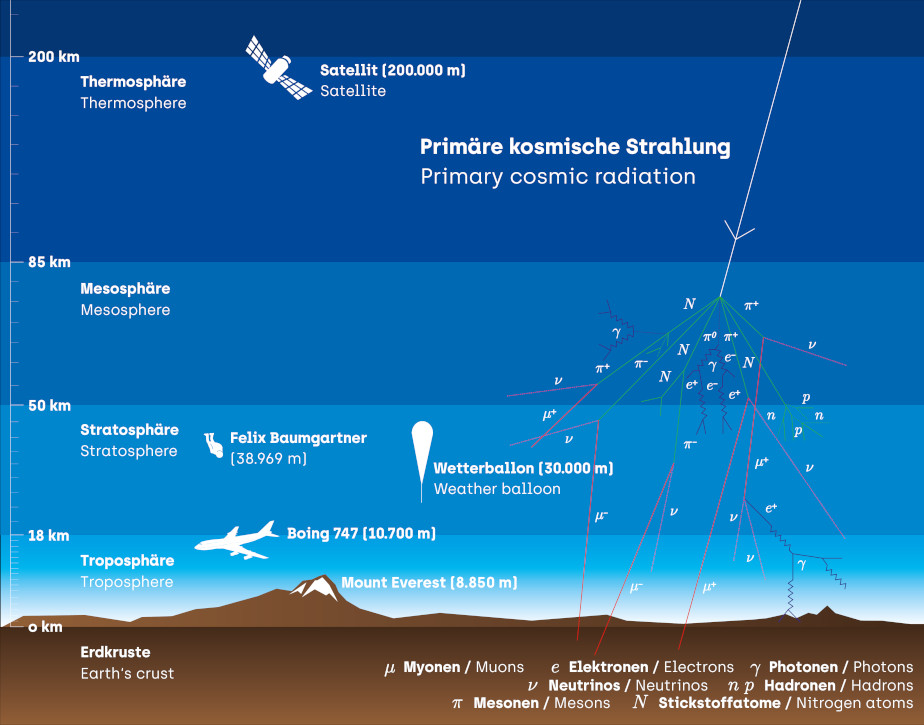 Die farbige Abbildung zeigt unten in braun den Erdboden und darüber von hell- bis dunkelblau die Luftschichten unserer Atmosphäre. Links sind die Schichten der Atmosphäre beschriftet sowie eine Höhenskala in Kilometern. Von rechts oben zeigt ein weißer Pfeil leicht schräg nach unten (primäre kosmische Strahlung). Auf Höhe der Mesosphäre beginnt dieser Pfeil sich ähnlich wie ein Blitz zu verzweigen. Es zeigen grüne, rote und gewellte schwarze Linien bis zum Erdboden. Jede dieser Linien ist beschriftet mit einem Buchstaben; die Legende welche Teilchen welcher Buchstabe meint steht darunter in weiß. In der Mitte des Bildes sind in weiß zum Vergleich eingetragen wie hoch der Mount Everest ist, die Flughöhe eines Flugzeugs und eines Wetterballons, aus welcher Höhe Felix Baumgartner gesprungen ist und wie hoch über der Erde Satelliten kreisen.