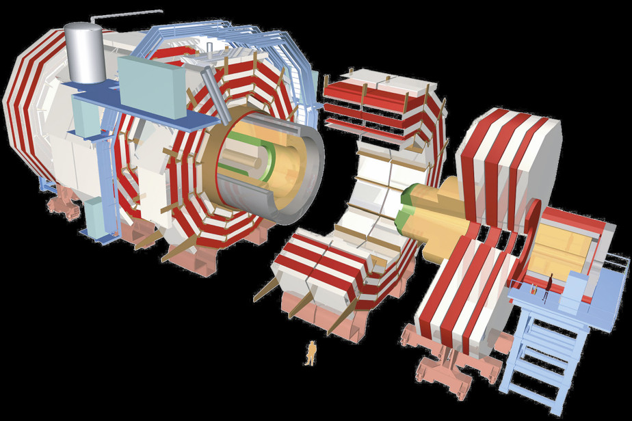 Schematic image against a black background: different areas of the CMS detector are shown in the colors blue, red, white, yellow and green. The individual parts are pulled apart for an interior view. A human is shown in front of the detector for size comparison.