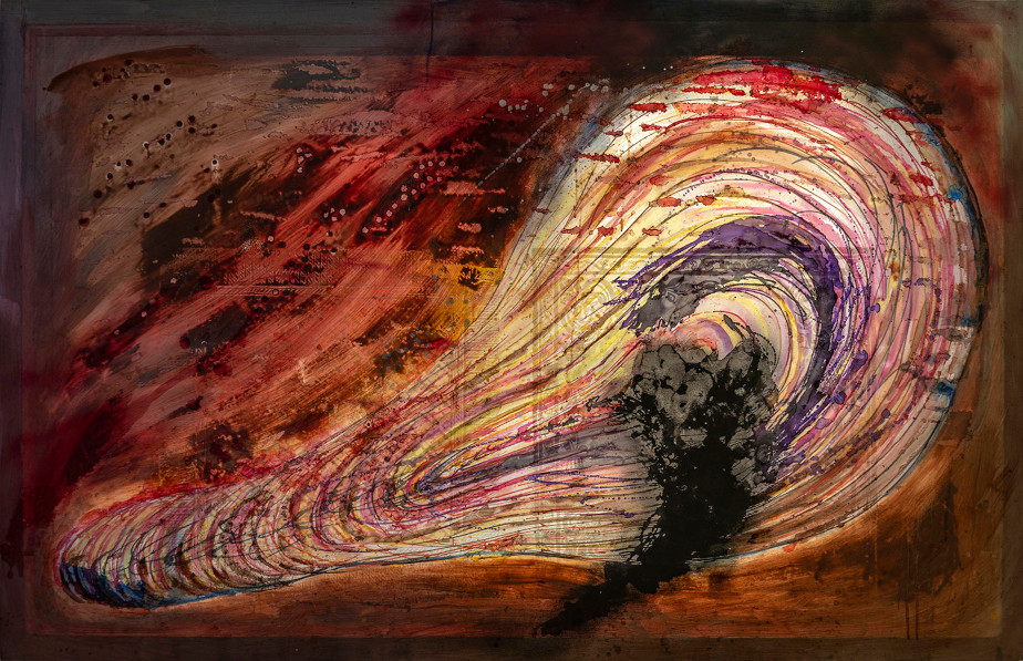 The photo shows a close-up of one of the abstract paintings. You can see a round shape elongated from right to left in shades of red, yellow, purple and black.